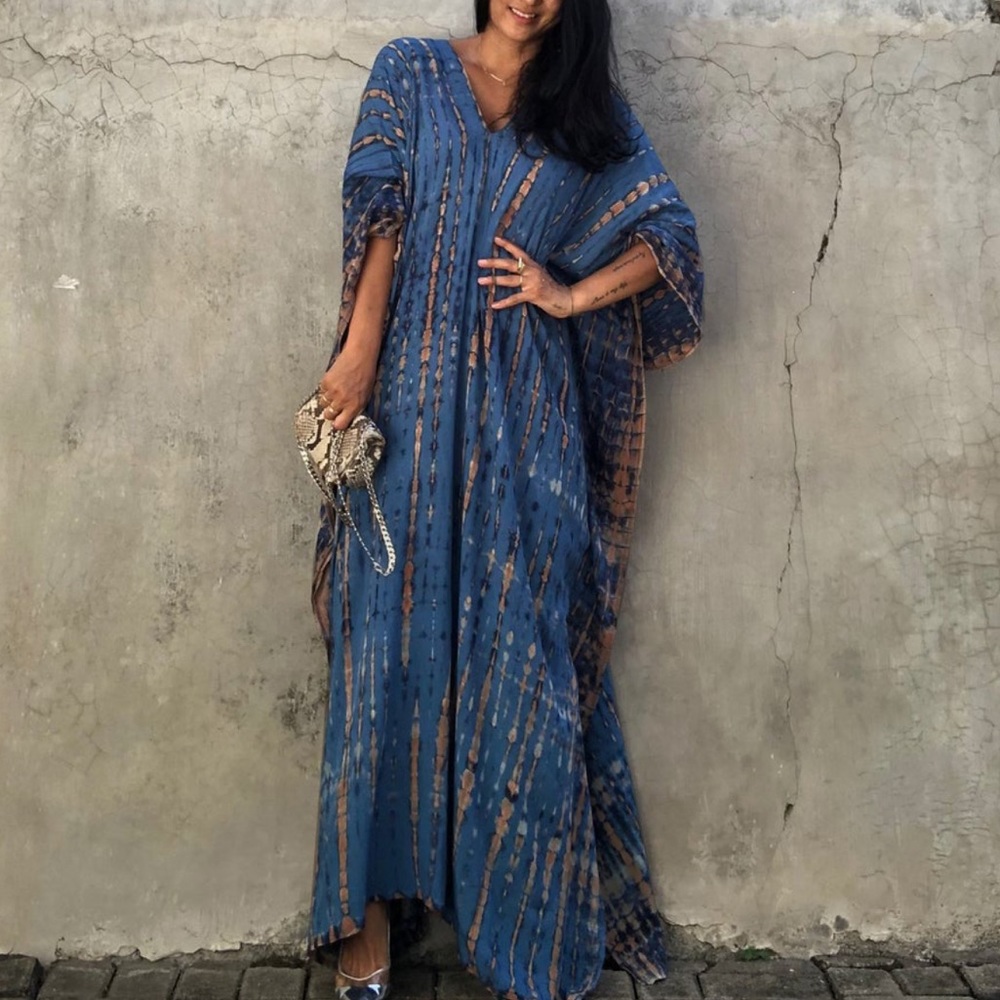 Tan and Blue Swim Coverup with Flowing Design